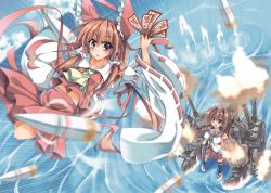 Rule 34 | 10s, 2girls, bow, breasts, brown hair, cloud, detached sleeves, firing, flying, hair bow, hair ornament, hakurei reimu, highres, kantai collection, long hair, multiple girls, ocean, pleated skirt, ponytail, skirt, sky, small breasts, syuutu, touhou, yamato (kancolle)