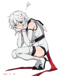 Rule 34 | 1girl, bare shoulders, blush, hands on own cheeks, hands on own face, heart-shift bracelets, highres, leotard, looking at viewer, red eyes, short hair, shy (character), shy (series), simple background, squatting, sweat, sweatdrop, takatisakana, white background, white hair, white leotard