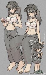 Rule 34 | 1girl, barefoot, baseball cap, black hair, borrowed character, breasts, camisole, cellphone, cigarette, commentary, covered erect nipples, crocs, crop top, grey eyes, hat, highres, holding, holding cigarette, holding lighter, holding phone, large breasts, lighter, lips, midriff, navel, original, pants, pantsu-ripper, phone, smartphone, smoke, smoking, track pants, twintails, watermark, web address, white camisole