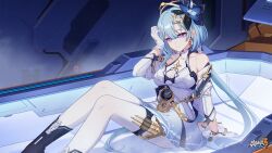 Rule 34 | 1girl, aged up, arm support, bare shoulders, blue hair, breasts, chinese commentary, cleavage, dress, earrings, feet out of frame, gloves, griseo, griseo (cosmic expression), highres, honkai (series), honkai impact 3rd, jewelry, large breasts, light blue hair, logo, official art, official wallpaper, purple eyes, solo, spoilers, waking up, white dress, white gloves