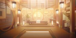 Rule 34 | absurdres, architecture, arknights, ceiling light, commentary, east asian architecture, english commentary, highres, indoors, lamp, nikov, no humans, plant, potted plant, scenery, still life, table