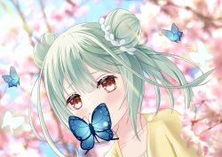 Rule 34 | 1girl, absurdres, aoe ui, blue butterfly, bug, butterfly, butterfly hair ornament, butterfly on face, cherry blossoms, collarbone, double bun, green hair, hair between eyes, hair bun, hair ornament, highres, hololive, insect, jacket, outdoors, red eyes, short hair, solo, tree, uruha rushia, virtual youtuber, yellow jacket