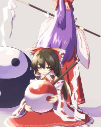 Rule 34 | absurdres, ascot, brown eyes, brown hair, commentary request, detached sleeves, facing away, fingernails, from behind, gohei, grey background, hair between eyes, hair ribbon, hair tubes, hakama, hakama short skirt, hakama skirt, hakurei reimu, hakurei reimu (pc-98), highres, holding, holding orb, japanese clothes, light purple hair, light smile, long hair, looking down, miko, min1223, orb, ponytail, red skirt, red vest, ribbon, ribbon-trimmed sleeves, ribbon trim, seiza, shadow, sidelocks, simple background, sitting, skirt, standing, touhou, touhou (pc-98), very long hair, vest, yellow ascot, yin yang, yin yang orb