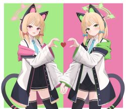 Rule 34 | 2girls, absurdres, animal ear headphones, animal ears, aqua necktie, black thighhighs, blonde hair, blue archive, blush, bow, cat ears, cat tail, contrast, fake animal ears, hair bow, halo, headphones, heart, heart hands, heart hands duo, highres, hiyayo25, holding hands, looking at viewer, midori (blue archive), momoi (blue archive), multiple girls, necktie, polar opposites, siblings, sidelocks, simple background, sisters, smile, symmetry, tail, thighhighs, twins, zettai ryouiki