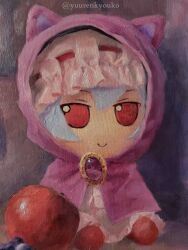 Rule 34 | 1girl, apple, blue hair, closed mouth, commentary, english commentary, food, fruit, fumo (doll), hat, highres, looking at viewer, mob cap, oil painting (medium), painting (medium), pink hat, red eyes, remilia scarlet, short hair, smile, solo, touhou, traditional media, twitter username, yuuren kyouko