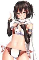 Rule 34 | 10s, 1girl, adapted costume, bikini, black gloves, black hair, brown eyes, cowboy shot, elbow gloves, fingerless gloves, gloves, gluteal fold, grin, hair ornament, kantai collection, keita (tundereyuina), scarf, sendai (kancolle), sendai kai ni (kancolle), short hair, side-tie bikini bottom, smile, solo, standing, swimsuit, teeth, twintails, two side up, white scarf