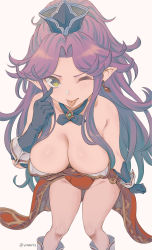Rule 34 | 1girl, ;p, akanbe, angela (seiken densetsu 3), breasts, breasts day, cleavage, collar, drop earrings, earrings, eyelid pull, gloves, gold trim, green eyes, hair intakes, hanging breasts, hat, highres, jewelry, large breasts, leotard, long hair, looking at viewer, messy hair, one eye closed, parted bangs, pointy ears, purple gloves, purple hair, purple hat, red leotard, seiken densetsu, seiken densetsu 3, sidelocks, simple background, solo, thighs, tongue, tongue out, very long hair, vinhnyu, waistcoat, white background
