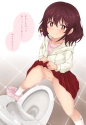 Rule 34 | + +, 1girl, azuma (azumapic), blush, brown hair, clothes lift, female focus, highres, hood, hoodie, japanese text, looking at viewer, navel, original, panties, panties around leg, pink eyes, pink panties, pink shirt, pussy, red skirt, shirt, skirt, skirt lift, smile, socks, solo, spread legs, standing, toilet, translated, underwear
