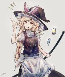 Rule 34 | 1girl, ability card (touhou), black hat, black skirt, black vest, blonde hair, braid, brown eyes, card, commentary, grey background, hat, highres, kirisame marisa, long hair, open mouth, petticoat, puffy short sleeves, puffy sleeves, shirt, short sleeves, signature, simple background, single braid, skirt, smile, solo, tonan (l0l0l0l0l0l), touhou, unfinished dream of all living ghost, vest, white shirt, witch hat