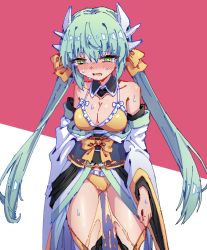 Rule 34 | 1girl, arm at side, arm behind back, bare shoulders, bikini, bikini under clothes, blush, bow, breasts, cleavage, collarbone, cowboy shot, detached collar, embarrassed, fate/grand order, fate (series), female focus, frilled bikini, frills, gluteal fold, green eyes, green hair, hair ornament, hair ribbon, half-closed eyes, japanese clothes, kimono, kiyohime (fate), kiyohime (swimsuit lancer) (first ascension) (fate), long hair, long sleeves, looking down, medium breasts, nose blush, obi, off shoulder, open clothes, open kimono, open mouth, pee, peeing, peeing self, red background, ribbon, rune (dualhart), sash, shiny skin, sidelocks, simple background, solo, standing, sweat, swimsuit, tears, thighs, twintails, two-tone background, white kimono, wide sleeves, yellow bikini, yellow bow, yellow ribbon