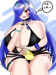 Rule 34 | 1girl, alternate breast size, azur lane, bikini, blue hair, bracelet, breasts, cleavage, gigantic breasts, highres, jewelry, long hair, manjuu (azur lane), official alternate costume, red eyes, setsugu, solo, swimsuit, tagme, thought bubble, translation request, trento (azur lane), trento (summer&#039;s hotness?) (azur lane), wide hips