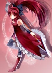 Rule 34 | 10s, 1girl, bare shoulders, black thighhighs, boots, detached sleeves, grin, highres, holding, long hair, magic circle, magical girl, mahou shoujo madoka magica, mahou shoujo madoka magica (anime), polearm, ponytail, red eyes, red hair, sakura kyoko, smile, solo, spear, thighhighs, touboku, weapon