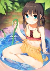 Rule 34 | 1girl, arm support, bare shoulders, bikini, blue eyes, blush, brown hair, grass, grin, hose, indian style, long hair, navel, original, see-through, sitting, smile, solo, swimsuit, tofu1601, twintails, wading pool, water