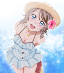 Rule 34 | 1girl, :d, anchor necklace, arms behind back, backlighting, bag, bare shoulders, blue dress, blue eyes, blurry, blurry background, blush, breasts, brown hat, cleavage, collarbone, cowboy shot, depth of field, dress, flower, from above, h.i.t (59-18-45), hair flower, hair ornament, hair tie, hat, hibiscus, highres, jewelry, leaning forward, looking at viewer, looking up, love live!, love live! school idol festival, love live! sunshine!!, low twintails, medium breasts, necklace, open mouth, pendant, pink flower, round teeth, short hair, sleeveless, sleeveless dress, smile, solo, standing, striped clothes, striped dress, sun hat, sundress, sweat, teeth, twintails, vertical-striped clothes, vertical-striped dress, watanabe you