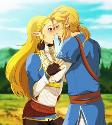 Rule 34 | 1boy, 1girl, belt, black gloves, blonde hair, blue eyes, blurry, blush, braid, cloud, couple, depth of field, earrings, eye contact, face-to-face, field, fingerless gloves, french braid, gloves, hair ornament, hairclip, half-closed eyes, hetero, hug, imminent kiss, jewelry, lady fantasma, link, lips, long hair, long sleeves, looking at another, mountain, nintendo, outdoors, parted lips, pointy ears, ponytail, princess zelda, sash, short hair, sky, standing, the legend of zelda, the legend of zelda: breath of the wild