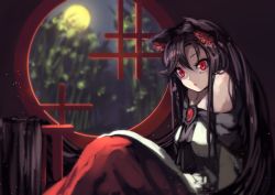 Rule 34 | 1girl, absurdly long hair, animal ears, bamboo, bamboo forest, bare shoulders, berabou, brown hair, dress, forest, full moon, imaizumi kagerou, indoors, light particles, long hair, looking at viewer, md5 mismatch, moon, nature, off shoulder, open mouth, red eyes, resized, sitting, solo, touhou, very long hair, wolf ears