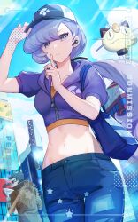 Rule 34 | 1boy, 1girl, aircraft, anabel (pokemon), arm up, baseball cap, blue hair, blue jacket, blue sky, breasts, city, cloud, coat, commentary request, cowboy shot, creatures (company), crop top, cropped jacket, day, denim, game freak, gen 1 pokemon, grey coat, grey eyes, grey hair, hat, highres, hot air balloon, hsin, jacket, jeans, long hair, looker (pokemon), looking at viewer, medium breasts, meowth, midriff, navel, nintendo, orange shirt, pants, parted lips, pokemon, pokemon sm, shirt, sky, standing, stomach, sunglasses, thighs, very long hair
