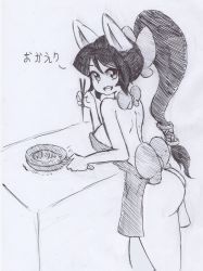 Rule 34 | 1girl, animal ears, apron, ass, black hair, breasts, cat ears, dr.kimochi, fish, greyscale, highres, hip focus, monochrome, naked apron, nyanko daisensou, ponytail, solo