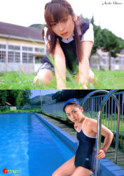 Rule 34 | 1girl, all fours, asian, av idol, blurry, blurry background, breasts, brown hair, competition school swimsuit, day, depth of field, grass, japanese (nationality), looking at viewer, outdoors, photo (medium), plaid, plaid skirt, pool, real life, school swimsuit, school uniform, skirt, small breasts, solo, swimsuit, uehara ayaka