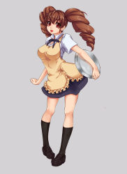Rule 34 | 1girl, :d, afurichin, alternate hairstyle, apron, black socks, blush, brown hair, drill hair, grey background, highres, kneehighs, legs, long hair, open mouth, pigeon-toed, red eyes, skirt, smile, socks, solo, taneshima popura, tray, twintails, waitress, working!!