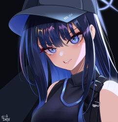 Rule 34 | 1girl, 82jhin, absurdres, bare shoulders, baseball cap, black background, black shirt, blue archive, blue eyes, blue hair, blue hat, breasts, clenched teeth, commentary request, hat, highres, large breasts, long hair, looking at viewer, parted lips, saori (blue archive), shirt, simple background, sleeveless, sleeveless shirt, solo, teeth, upper body