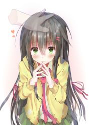 Rule 34 | 1girl, bad id, bad pixiv id, black hair, blush, closed mouth, collared shirt, commentary request, green eyes, green skirt, hair between eyes, hair ornament, hair ribbon, headpat, heart, hood, hood down, hoodie, long hair, looking at viewer, narushina, necktie, open clothes, open hoodie, original, pink neckwear, pink ribbon, pleated skirt, ribbon, shirt, sidelocks, skirt, smile, solo focus, steepled fingers, very long hair, wavy mouth, white shirt, x-ray, yellow hoodie
