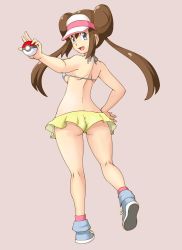 Rule 34 | 1girl, ass, back, bikini, bikini shorts, blue eyes, blue footwear, breast hold, breasts, brown hair, creatures (company), crossed arms, double bun, from behind, game freak, grey background, grey bikini, groin, hair bun, hand on own hip, hat, highres, holding, holding poke ball, kneepits, long hair, looking at viewer, looking back, medium breasts, mismatched bikini, navel, nintendo, open mouth, pink hat, pink socks, poke ball, poke ball (basic), pokemon, pokemon bw2, rosa (pokemon), shoes, shorts, shoulder blades, sideboob, sidelocks, simple background, smile, sneakers, socks, solo, standing, standing on one leg, string bikini, swimsuit, tof, twintails, very long hair, visor cap, yellow shorts