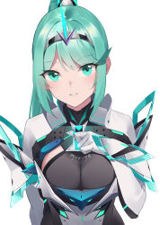 Rule 34 | 1girl, absurdres, breasts, cleavage, evan (pixiv7510743), green eyes, green hair, hairband, hand on own chest, highres, large breasts, long hair, looking at viewer, nintendo, pneuma (xenoblade), ponytail, sidelocks, simple background, smile, solo, upper body, white background, xenoblade chronicles (series), xenoblade chronicles 2