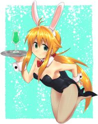 Rule 34 | 1girl, animal ears, bare shoulders, blonde hair, bow, bowtie, breasts, cleavage, cup, detached collar, drink, drinking glass, fake animal ears, green eyes, hand on own hip, high heels, highres, holding, koshirae tsurugi (m.m), legs up, leotard, long hair, m.m, original, pantyhose, playboy bunny, ponytail, rabbit ears, shoes, small breasts, smile, solo, tray, very long hair, wrist cuffs