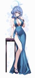 Rule 34 | 1girl, absurdres, ako (dress) (blue archive), bare arms, bare shoulders, blue archive, blue dress, blue eyes, blue hair, blue halo, blue nails, blush, bracelet, breasts, cleavage, closed mouth, collarbone, dress, eternity (shadeh), full body, halo, hand up, highres, jewelry, large breasts, looking at viewer, medium hair, nail polish, official alternate costume, revision, smile, solo, standing, thighs, toenail polish, toenails
