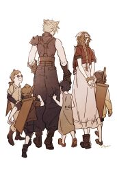 Rule 34 | 3boys, 3girls, aaco, absurdres, aerith gainsborough, armor, arms behind back, belt, blonde hair, boots, braid, brown hair, buster sword, child, cloud strife, cropped jacket, dress, facing away, final fantasy, final fantasy vii, final fantasy vii remake, from behind, full body, gloves, grey dress, hair ribbon, highres, jacket, long hair, looking at another, multiple boys, multiple girls, open mouth, pink dress, pink ribbon, red jacket, ribbon, sepia, short hair, short sleeves, shoulder armor, sleeveless, sleeveless dress, sleeveless turtleneck, smile, spiked hair, square enix, sunglasses, suspenders, turtleneck, walking, weapon, weapon on back, white background