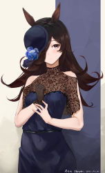 Rule 34 | 1girl, animal ears, bare shoulders, black dress, black gloves, black hair, black hat, blue flower, blue rose, breasts, brown eyes, brown hair, character name, clothing cutout, commentary request, dated, dress, flower, gloves, hair over one eye, hands up, hat, hat flower, highres, horse ears, long hair, rice shower (umamusume), rose, see-through, see-through sleeves, short sleeves, shoulder cutout, small breasts, solo, taino kou, tilted headwear, umamusume