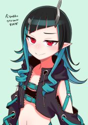 Rule 34 | 1girl, nanashi inc., belt, belt bra, black hair, black jacket, blue background, blue belt, blue hair, blue panties, blush, chest belt, closed mouth, clothing cutout, commentary request, cropped jacket, cross-laced clothes, cross-laced sleeves, demon girl, demon horns, fang, flat chest, highleg, highleg panties, horns, ishimari, jacket, long hair, long sleeves, looking at viewer, midriff, multicolored hair, navel, open clothes, open jacket, panties, pointy ears, red eyes, shishio chris, shoulder cutout, simple background, smile, solo, sugar lyric, translation request, two-tone hair, underwear, upper body, virtual youtuber, zipper