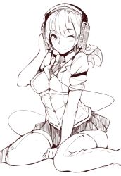 Rule 34 | 1girl, ;), armband, breasts, cable, headphones, large breasts, long hair, miniskirt, monochrome, necktie, one eye closed, original, short sleeves, sitting, skirt, smile, solo, stax, thighhighs, wariza, wink, zako (arvinry), zettai ryouiki