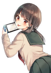 Rule 34 | 1girl, :p, black hair, blush, brown eyes, brown sweater, closed mouth, commentary request, green sailor collar, green skirt, holding, long hair, long sleeves, looking at viewer, looking back, low twintails, lying, midorikawa you, neckerchief, nintendo switch, on stomach, original, pleated skirt, red neckerchief, sailor collar, school uniform, serafuku, simple background, skirt, sleeves past wrists, smile, solo, sweater, tongue, tongue out, twintails, v-shaped eyebrows, white background