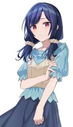 Rule 34 | 1girl, akimikan (2.5deciliter), blue hair, blue shirt, blue skirt, commentary request, hair ornament, hair over shoulder, hair scrunchie, highres, idolmaster, idolmaster shiny colors, low twintails, morino rinze, puffy short sleeves, puffy sleeves, red eyes, scrunchie, shirt, short sleeves, short twintails, simple background, skirt, solo, swept bangs, twintails, white background, white scrunchie