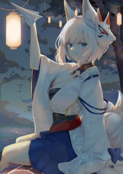 Rule 34 | 1girl, absurdres, animal ears, arm up, azur lane, between fingers, blue eyes, blue skirt, blush, breasts, cleavage, closed mouth, cloud, commentary request, elbow gloves, fox ears, fox girl, fox mask, fox tail, from side, gloves, highres, holding, japanese clothes, kaga (azur lane), kimono, long sleeves, looking at another, looking at viewer, mask, mask on head, night, night sky, outdoors, paper airplane, ru zhai, short sleeves, sitting, skirt, sky, solo, tail, white hair, white kimono, wide sleeves