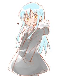 Rule 34 | 1other, androgynous, blue hair, blush, fur trim, hair between eyes, heart, jacket, long hair, long sleeves, looking at viewer, mikoto kei, open mouth, rimuru tempest, simple background, solo, tensei shitara slime datta ken, white background, yellow eyes