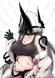 Rule 34 | 1girl, arknights, bare shoulders, black choker, black gloves, black panties, breasts, choker, cleavage, collarbone, commentary request, covered face, covering face, cowboy shot, crop top, faceless, faceless female, gloves, groin, hand up, heka=ton, helmet, highres, infection monitor (arknights), large breasts, long hair, material growth, midriff, mudrock (arknights), navel, off shoulder, open clothes, oripathy lesion (arknights), panties, silver hair, simple background, solo, sports bra, standing, stomach, underwear, very long hair, white background