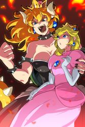 Rule 34 | 2girls, 71, angry, armlet, bare shoulders, blonde hair, blue eyes, bowsette, bracelet, breasts, clenched hand, collar, crown, dress, earrings, elbow gloves, fangs, gloves, horns, jewelry, large breasts, long hair, looking at another, mario (series), medium breasts, multiple girls, nail polish, new super mario bros. u deluxe, nintendo, open mouth, pink dress, princess peach, spiked bracelet, spiked collar, spikes, super crown