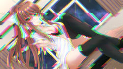 Rule 34 | 1girl, black bra, bow, bra, breasts, brown hair, cleavage, doki doki literature club, dutch angle, glitch, green eyes, hair bow, high ponytail, highres, indoors, kazenokaze, long hair, looking at viewer, monika (doki doki literature club), open clothes, open shirt, ponytail, reaching, reaching towards viewer, revision, shirt, sitting, sky, smile, solo, star (sky), starry sky, thighhighs, underwear, window