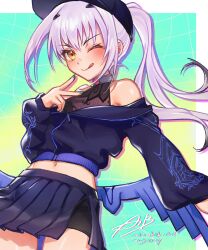 Rule 34 | 1girl, adapted costume, aizaki b, artist name, baseball cap, brown eyes, dated, fate/grand order, fate (series), forked eyebrows, green nails, grey hair, hat, highres, jacket, long hair, melusine (fate), melusine (swimsuit ruler) (fate), midriff, miniskirt, navel, one eye closed, ponytail, shorts, shorts under skirt, skirt, swimsuit, swimsuit under clothes, tongue, tongue out, v