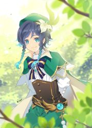 Rule 34 | 1boy, androgynous, arms behind back, beret, black hair, blue hair, blurry, blurry foreground, bow, braid, brooch, cape, closed mouth, collared cape, collared shirt, corset, feathers, flower, forest, gem, genshin impact, gradient hair, green eyes, green hat, green shorts, hair flower, hair ornament, hat, jewelry, leaf, leaf19, long sleeves, looking at viewer, male focus, multicolored hair, nature, shirt, short hair with long locks, shorts, smile, solo, twin braids, venti (genshin impact), vision (genshin impact), white flower, white shirt