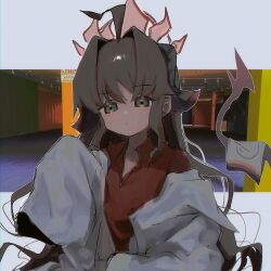 Rule 34 | 1girl, absurdres, ahoge, black hair, black horns, black tail, blue archive, brown eyes, closed mouth, coat, collared shirt, demon horns, hair intakes, halo, highres, horns, kasumi (blue archive), lab coat, long hair, oversized clothes, photo background, pong2, red halo, red shirt, shirt, sleeves past fingers, sleeves past wrists, solo, underwear, white coat