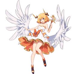Rule 34 | 1girl, angel wings, ark order, artist request, black footwear, blonde hair, bow, bracelet, dress, dress bow, feathered wings, full body, gold trim, holding, holding wand, iris (ark order), jewelry, looking at viewer, low twintails, multicolored eyes, official art, orange bow, purple eyes, shoes, short hair, sidelocks, sleeveless, sleeveless dress, solo, tachi-e, transparent background, twintails, wand, white dress, white wings, wings, yellow eyes