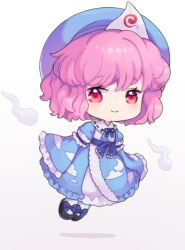 Rule 34 | 1girl, black footwear, blue hat, blue kimono, blush, closed mouth, commentary, floating, frilled sleeves, frills, full body, hat, iris anemone, japanese clothes, kimono, mob cap, pink hair, red eyes, saigyouji yuyuko, shoes, short hair, simple background, sleeve garter, sleeves past fingers, sleeves past wrists, smile, socks, solo, touhou, triangular headpiece, white background, white socks, wide sleeves