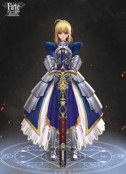 Rule 34 | &gt;:(, 1girl, ahoge, armor, armored boots, armored dress, artoria pendragon (fate), blonde hair, blue eyes, blush, boots, braid, caliburn (fate), closed mouth, commentary, copyright name, fate/stay night, fate (series), frown, full body, gauntlets, grey footwear, highres, holding, holding sword, holding weapon, long sleeves, looking at viewer, magic circle, armored boots, mina kim, puffy long sleeves, puffy sleeves, saber (fate), sheath, sheathed, short hair, solo, standing, sword, v-shaped eyebrows, watermark, weapon
