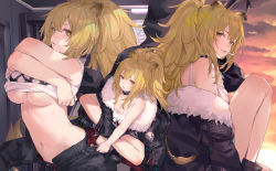 Rule 34 | 1girl, 1other, absurdres, animal ears, arknights, back, bibimbub, blonde hair, boots, breasts, brown eyes, collar, commentary, doctor (arknights), fur trim, highres, indian style, jacket, lion ears, lion girl, lion tail, long hair, looking at viewer, multiple views, navel, ponytail, siege (arknights), sitting, smile, tail, underboob