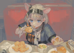 Rule 34 | 1girl, ahoge, almond (arknights), animal ears, arknights, blue eyes, blue jacket, booth seating, bread, bread bun, commentary, cropped jacket, cup, dog ears, dog girl, ear tag, eating, food, fried chicken, grey hair, highres, holding, holding food, id card, indoors, jacket, looking at viewer, miike (992058), napkin, plate, pouch, shirt, short hair, solo, soup, spoon, table, upper body, visor cap, whistle, white shirt