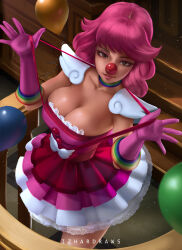 Rule 34 | 1girl, ace attorney, armor, balloon, breasts, capcom, choker, cleavage, clown girl, clown nose, female focus, frilled skirt, frills, geiru toneido, gloves, highres, izhardraws, large breasts, looking at viewer, medium hair, pauldrons, phoenix wright: ace attorney - spirit of justice, pink hair, rainbow, shoulder armor, skirt, solo, suspenders, suspenders pull